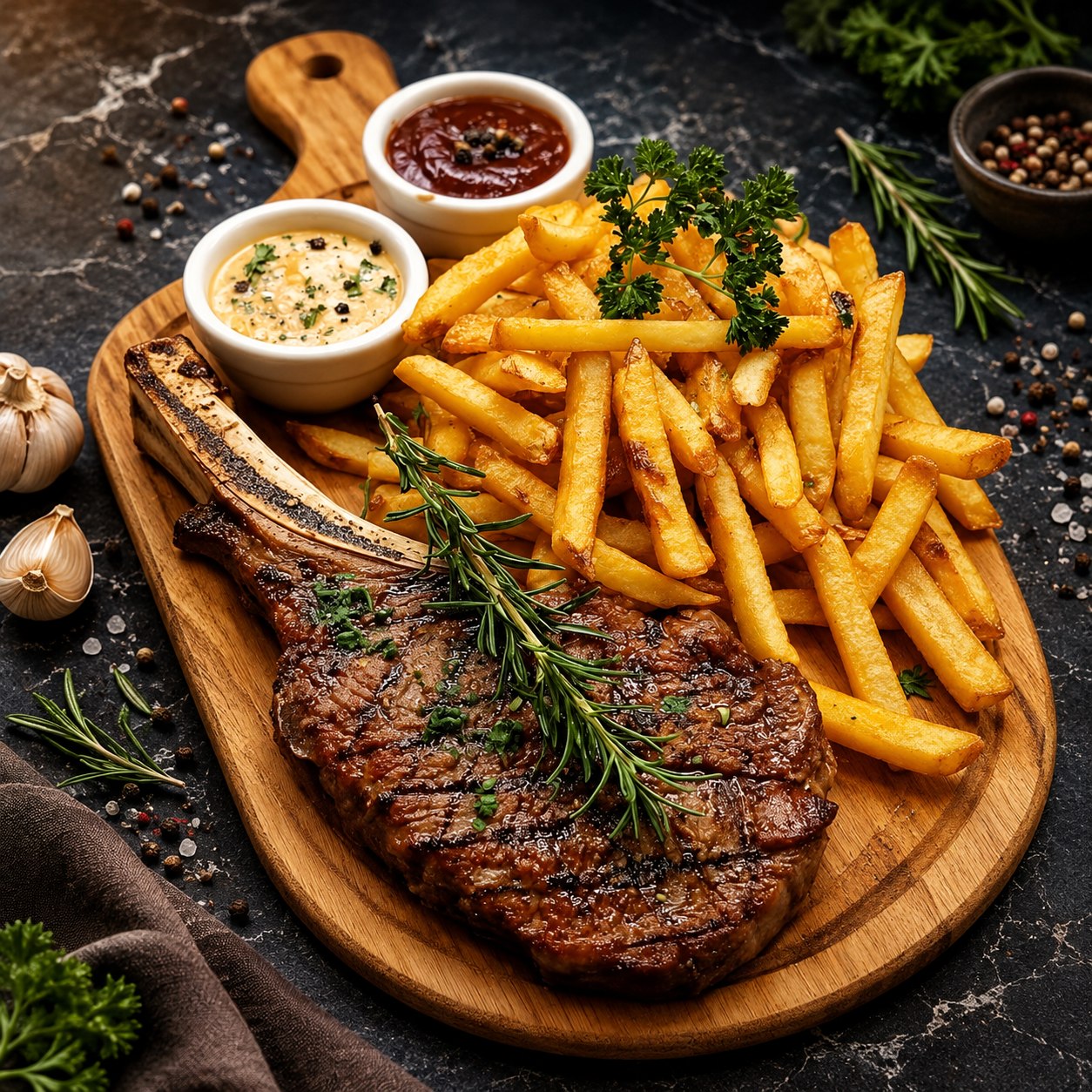Corte de carne a la parrilla, papas y salsas